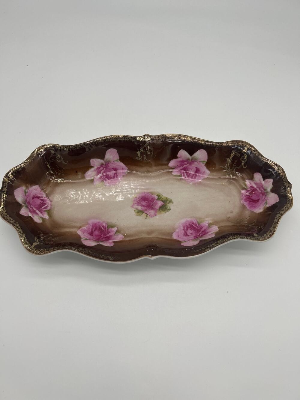 Antique CT Carl Tielsch Porcelain Relish Dish Tray Pink Roses Gold Trim 12"